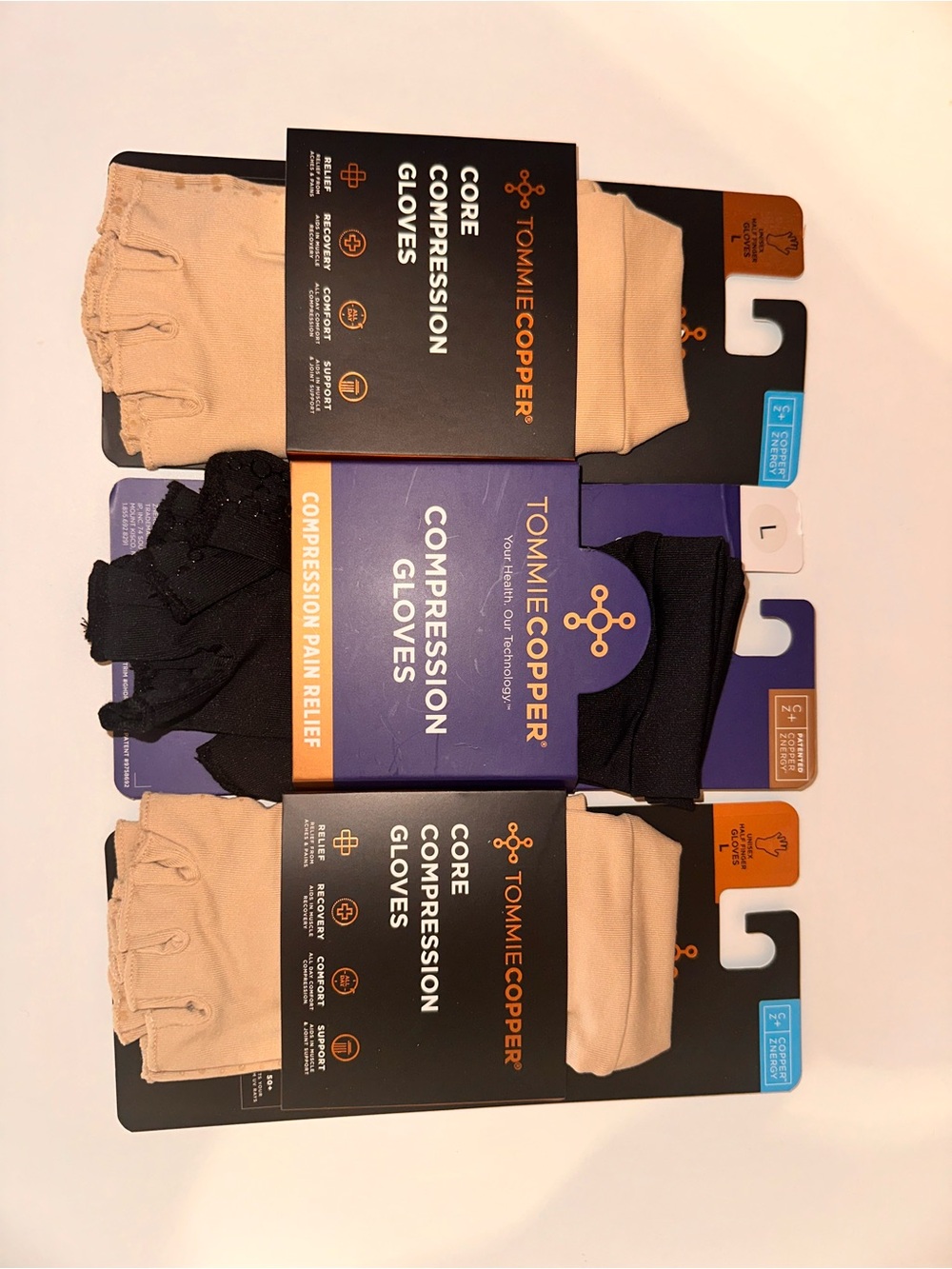 LOT of 3 pairs of Tommie Copper Recovery Compression Half-Finger Gloves